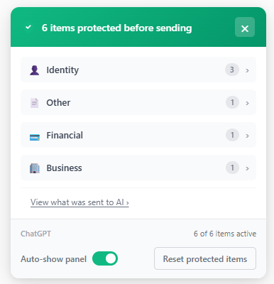EverShade browser extension showing six protected items before sending